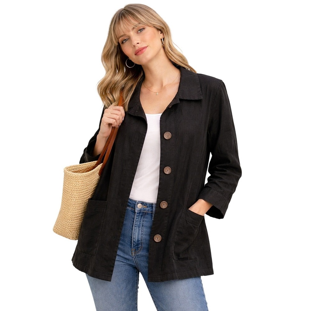 Habitat‎ Womens Jacket Black Hemp Organic Cotton Button Down  Lagenlook  XL